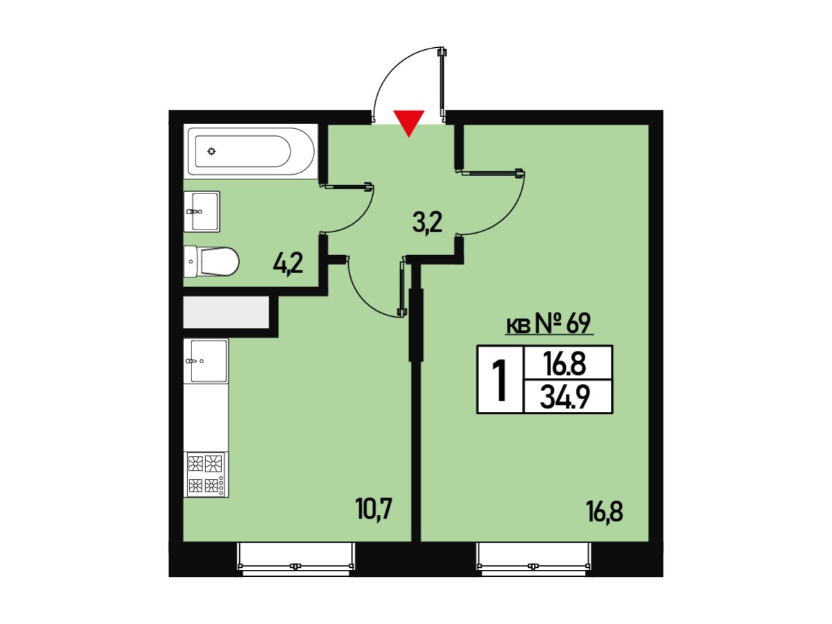 Однокомнатная квартира 34 м² №69 улица Генерала Донскова, дом 29, корпус 5  купить по цене 6351800 от застройщика в ЖК Борисоглебское деревня Зверево